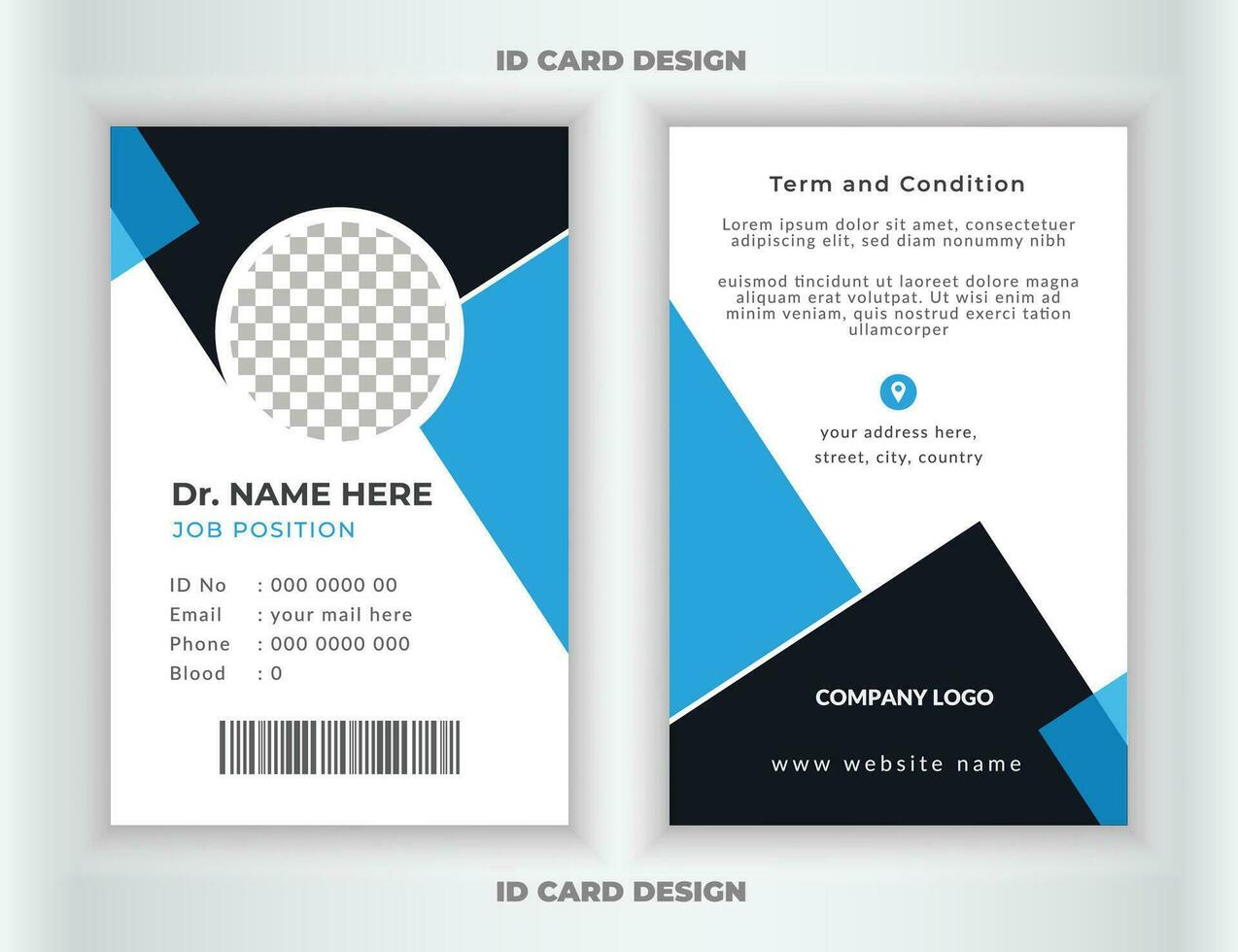 carné de identidad tarjeta diseño para médico identidad. médico estilo carné de identidad tarjeta diseño. médico carné de identidad tarjeta modelo para médico o hospital y cuidado de la salud vertical carné de identidad tarjeta diseño. vector