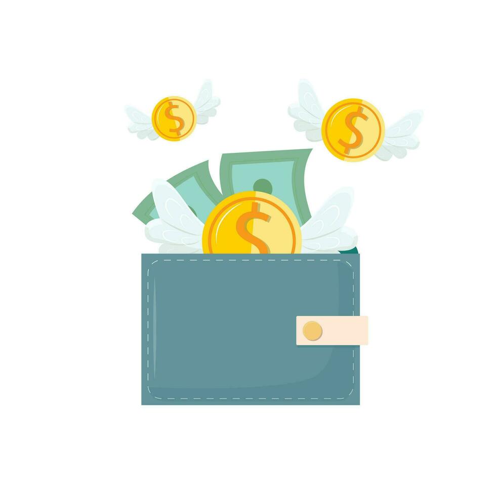 Leather wallet with money flying away. Savings, costs, purchase, managing finances wisely concept illustration vector