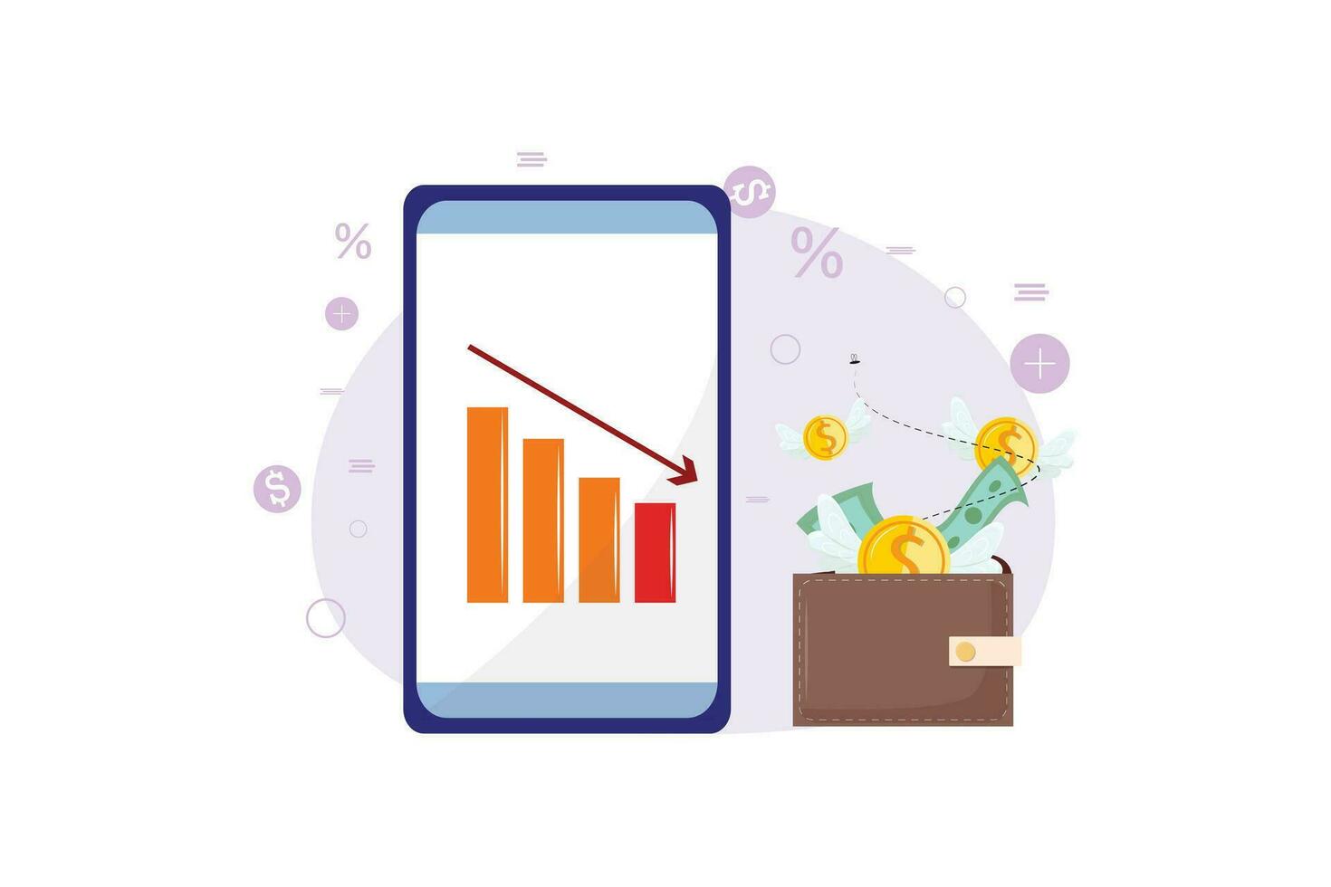 Modern illustration with a cellphone displaying mobile application, big wallet with flying money away. Struggle in finance planing, budget, savings, investment. vector