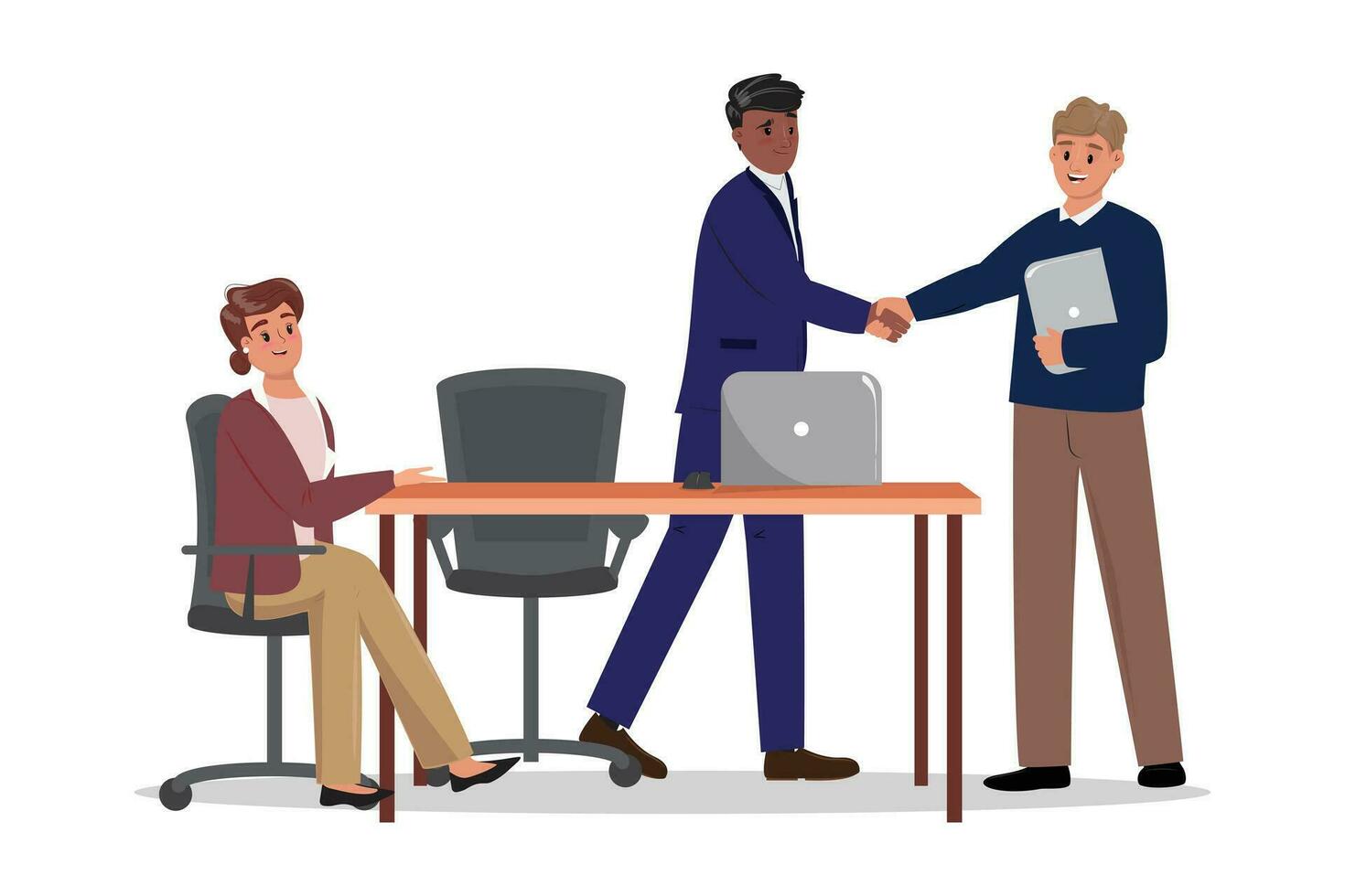 Illustration of three diverse colleagues. Two young men shaking hands as sign of collaboration, deal and alliance. Business concept illustration. vector