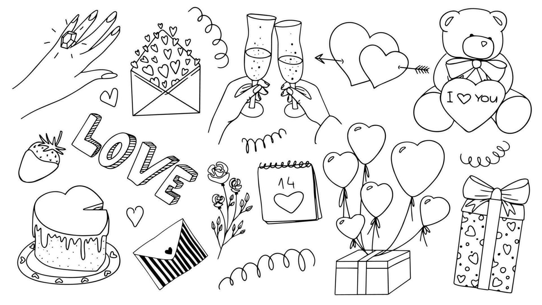 Valentine's day doodle set isolated on white background. Vector illustration.