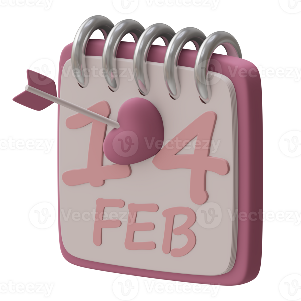 Calendar with Cupid arrow 3d icon isolated happy valentine's day 14 february concept png