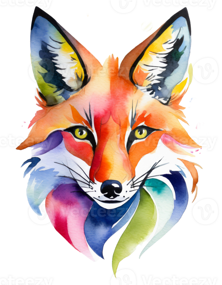 AI generated high quality, logo style, Watercolor, powerful colorful fox face logo facing forward, white background, by yukisakura, awesome full color png