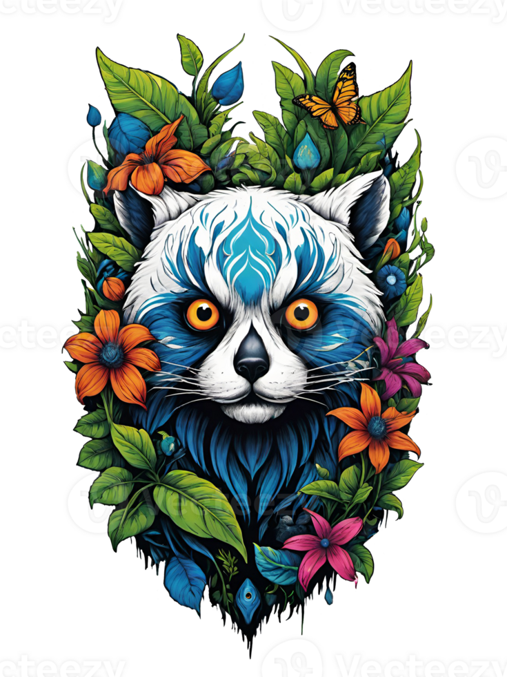 AI generated Racoon head with flowers and leaves on transparent background png