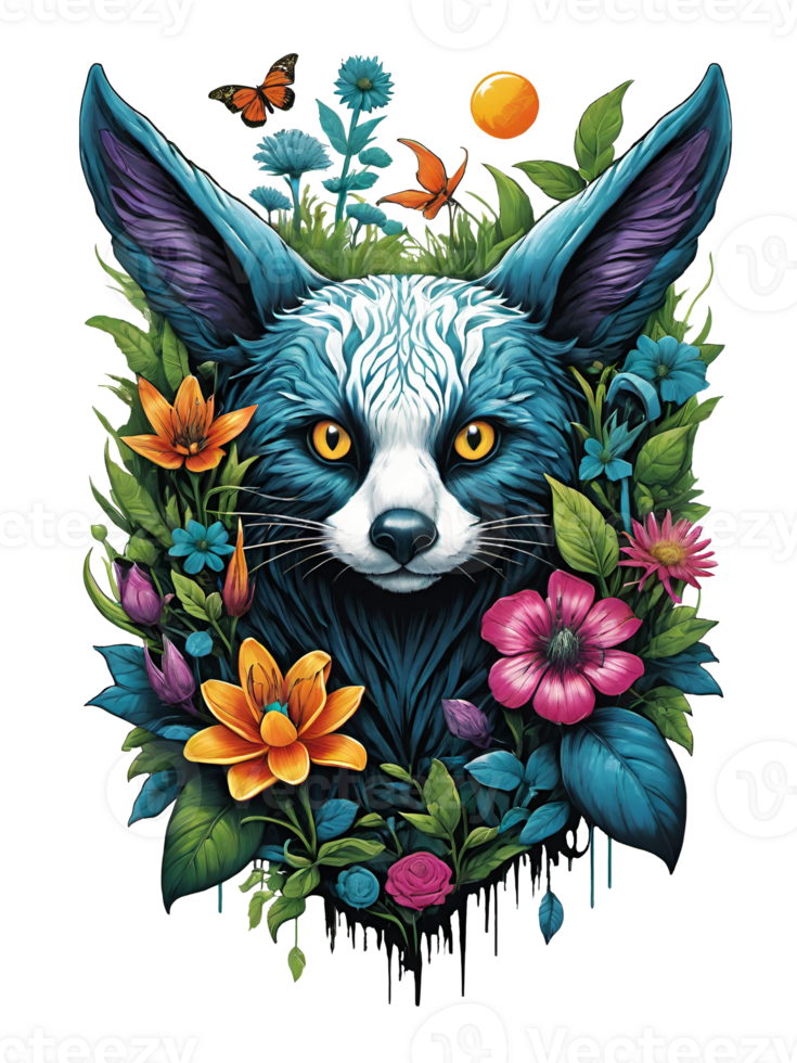 AI generated Racoon head with flowers and leaves on transparent background png