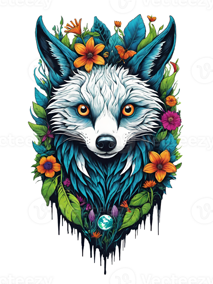 AI generated Fox head with flowers and leaves on transparent background png