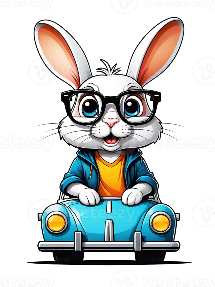 AI generated Cute little rabbit cartoon character driving a retro car on transparent background png