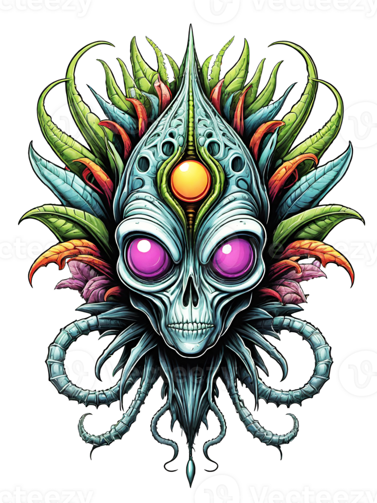 AI generated Head alien monster plants fantasy with colorful feathers on transparent background png