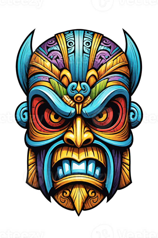 ai generado tiki tribal máscara con étnico adornos diseño en transparente antecedentes png