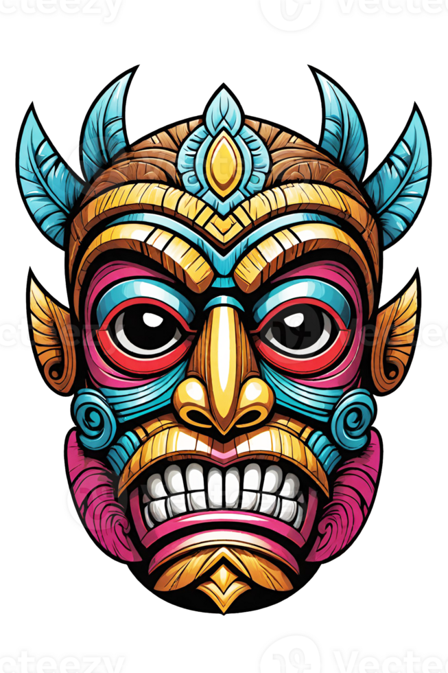 ai generado tiki tribal máscara con étnico adornos diseño en transparente antecedentes png