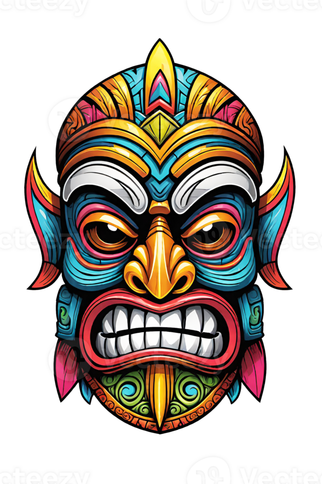 ai generado tiki tribal máscara con étnico adornos diseño en transparente antecedentes png