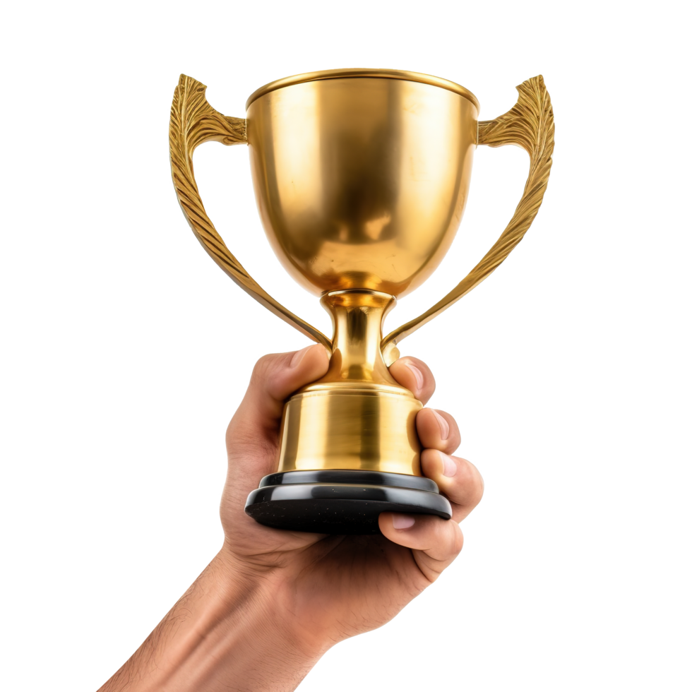 AI generated Close up man hands holding champion golden trophy on transparent background png