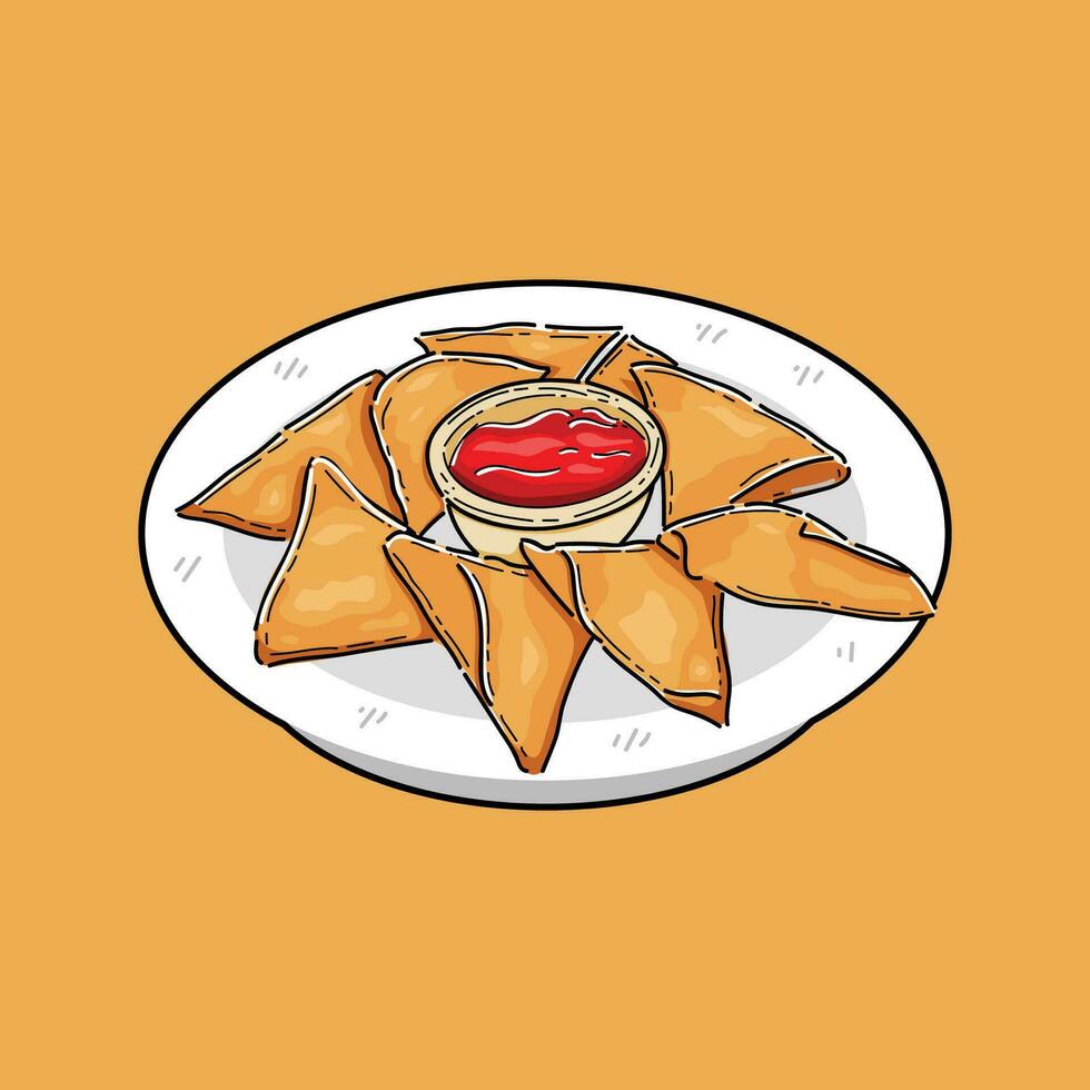 vegetales relleno profundo frito bocadillo muy popular calle comida samosa en un plato con salsa ilustración vector diseño