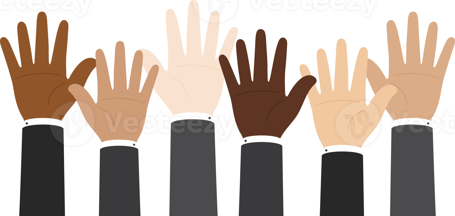 Flat design illustration of businessmen hand in suit raising their hands. Business concept. png