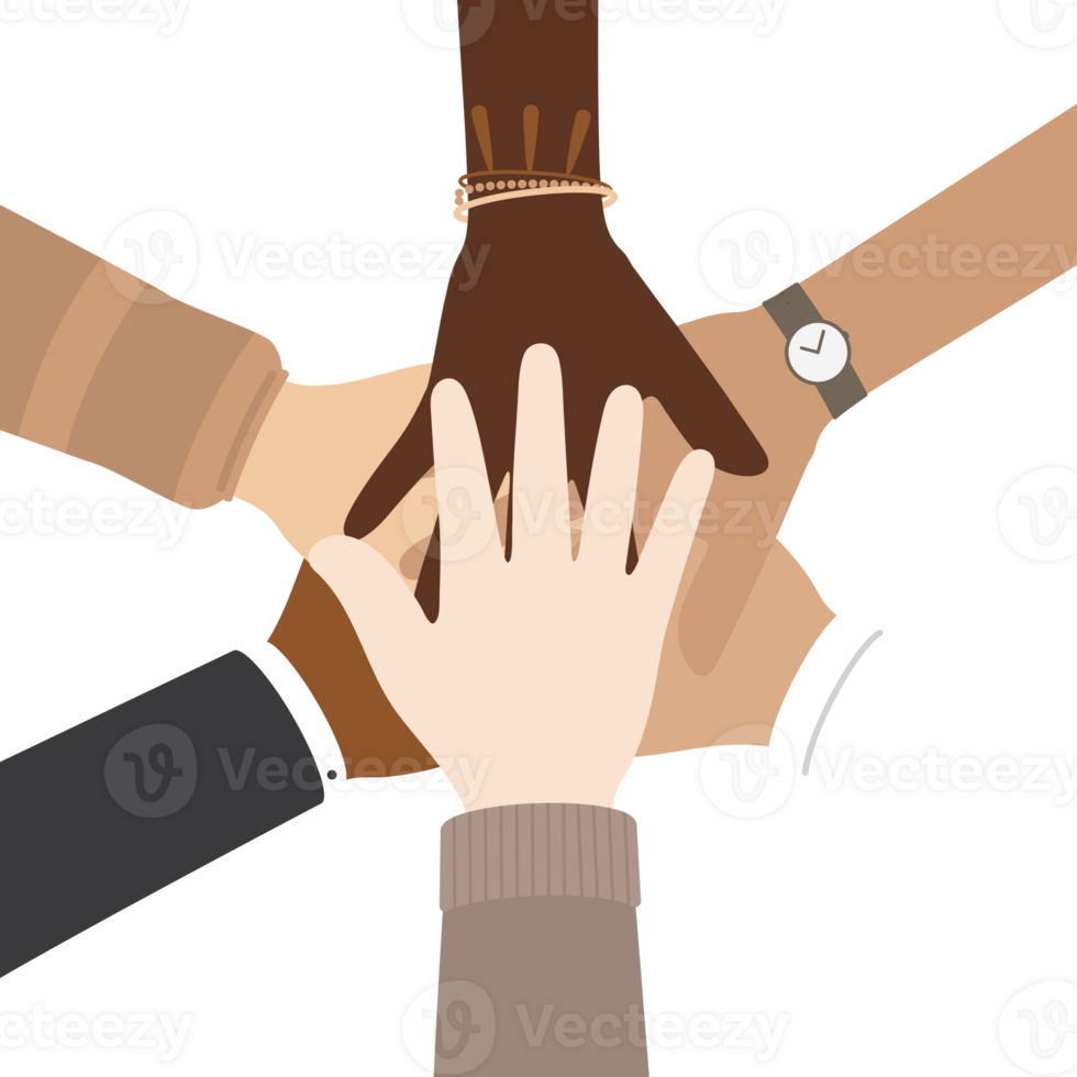 Flat design illustration of people with different skin colors putting their hands together. Diversity concept. png