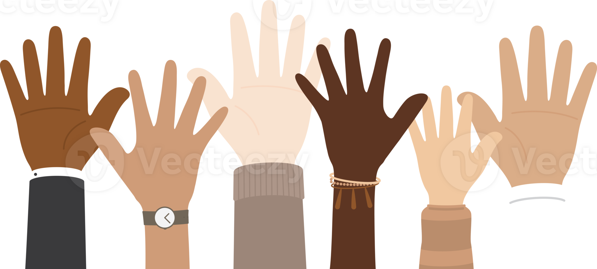 Flat design illustration of people with different skin colors raising their hands. Diversity concept. png