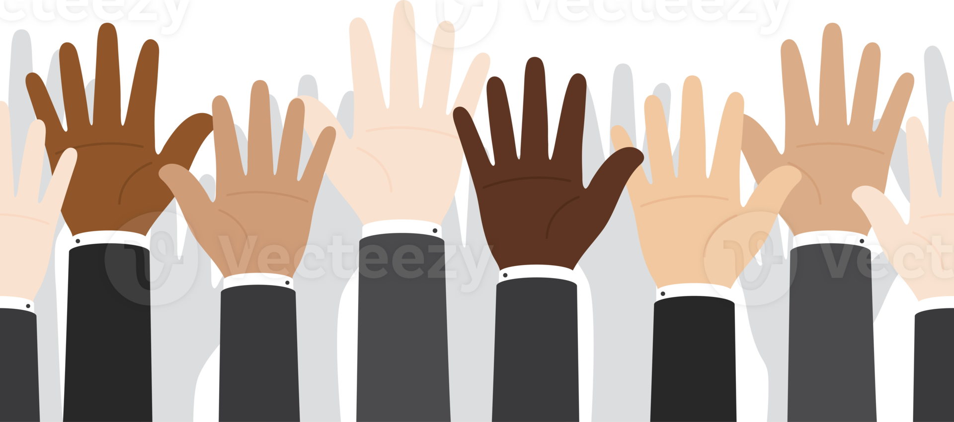 Flat design illustration of businessmen hand in suit raising their hands. Business concept. png