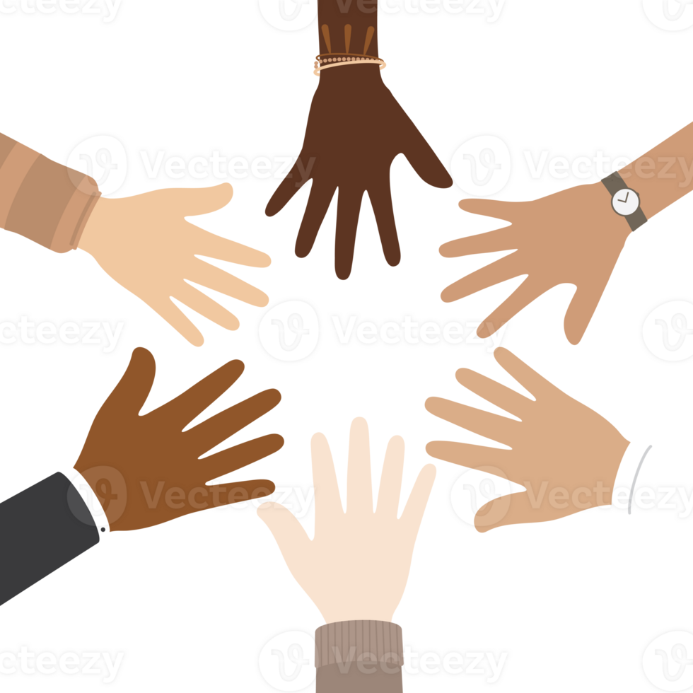 Flat design illustration of people with different skin colors putting their hands together. Diversity concept. png