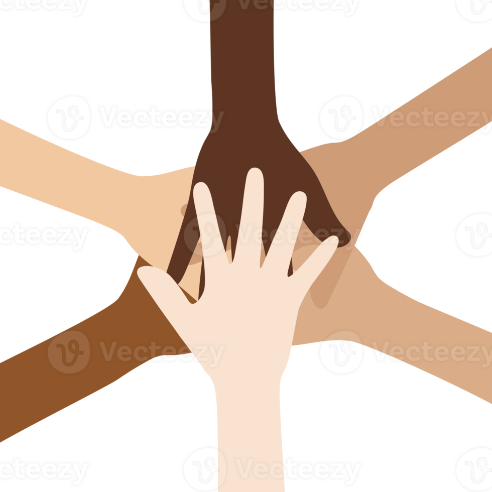Flat design illustration of people with different skin colors putting their hands together. Diversity concept. png