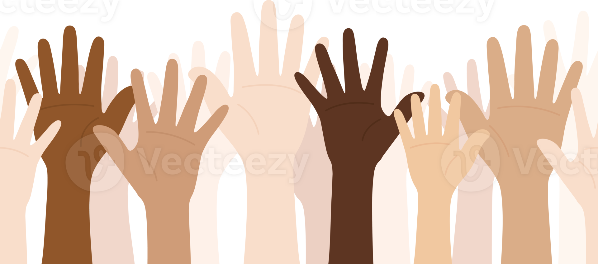 Flat design illustration of people with different skin colors raising their hands. Diversity concept. png