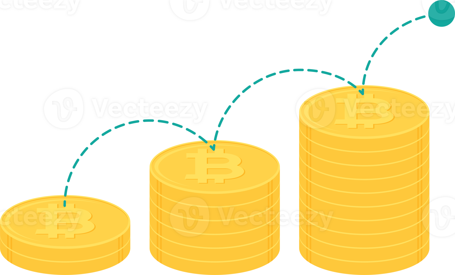 Bouncing ball on stack of gold bitcoin coins. Cryptocurrency, digital