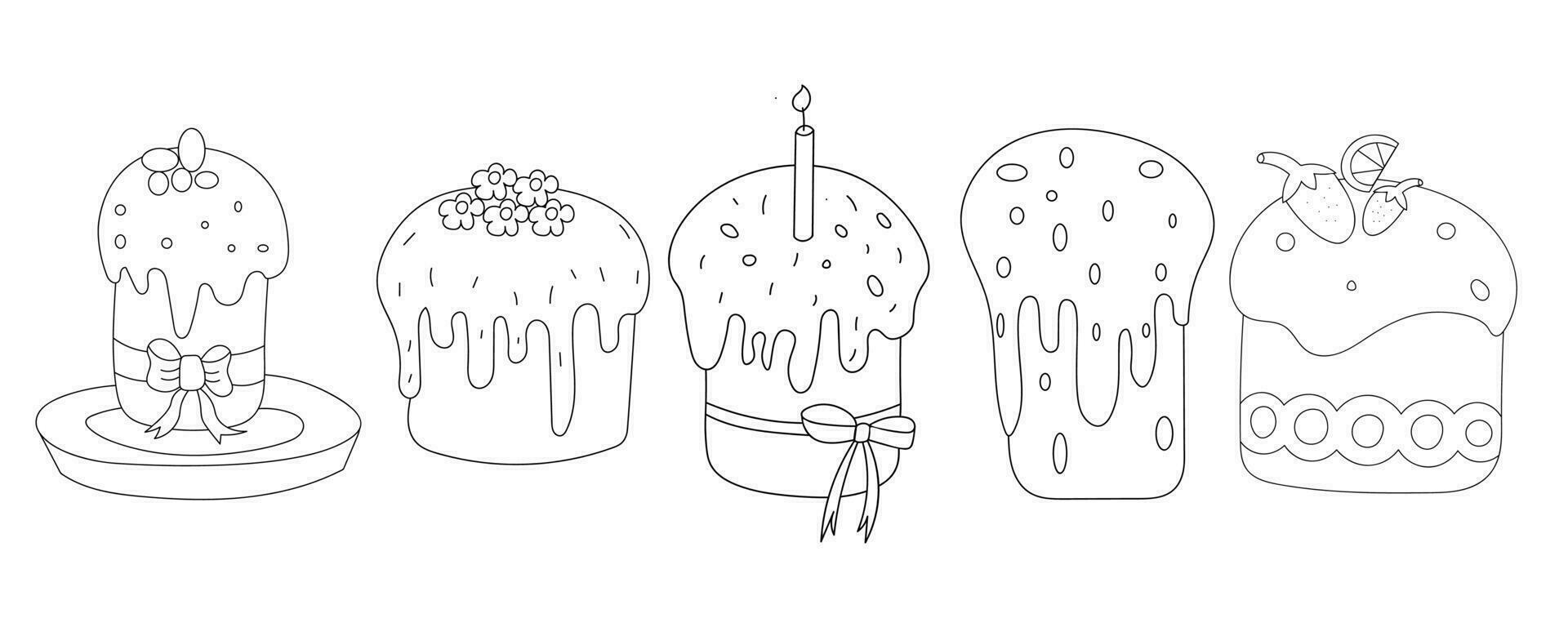 Set of Easter cakes isolated on a white background. Doodle vector illustration. Linear sketch.