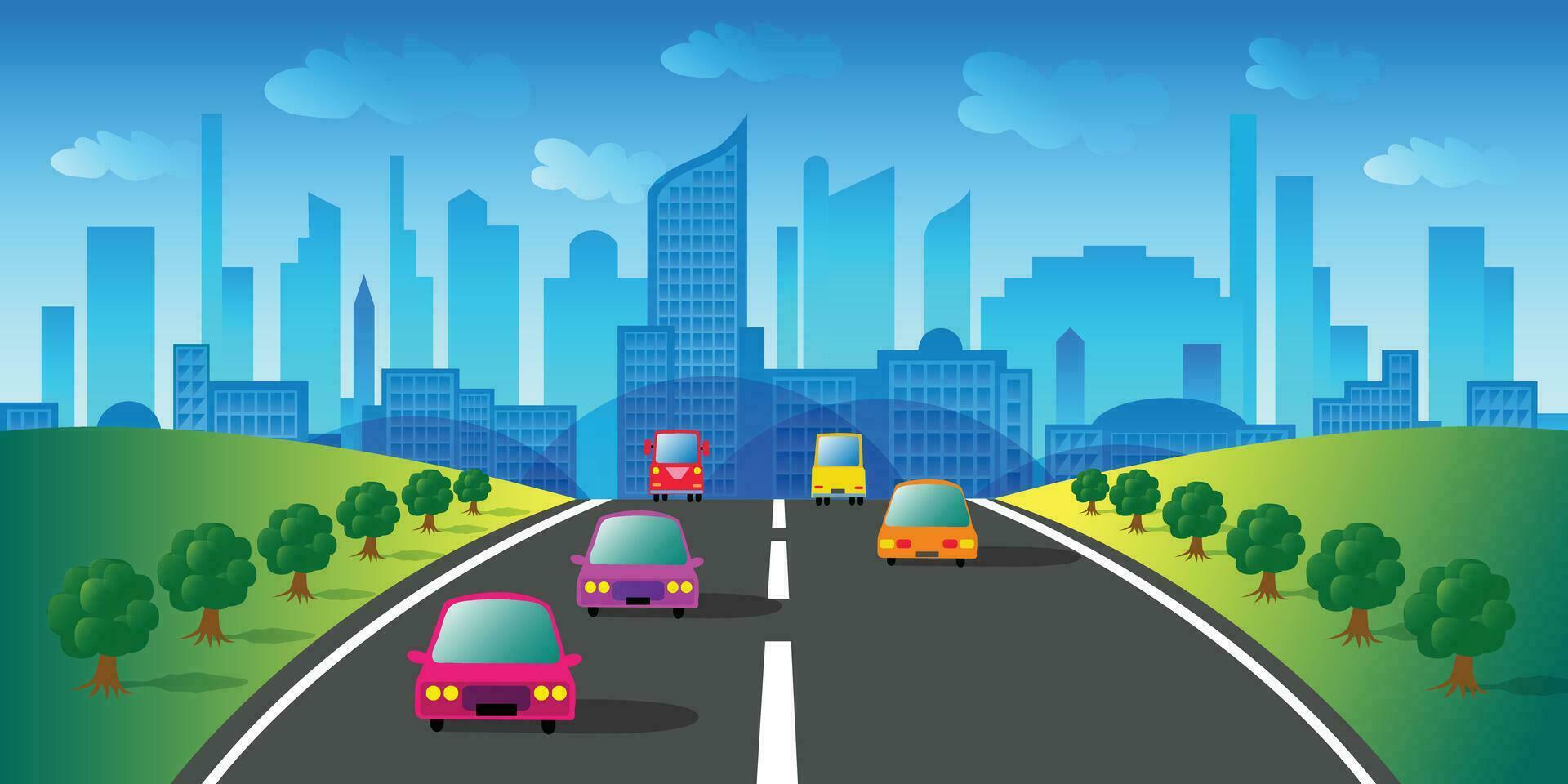 building landscape with sky, road and car vector illustration.