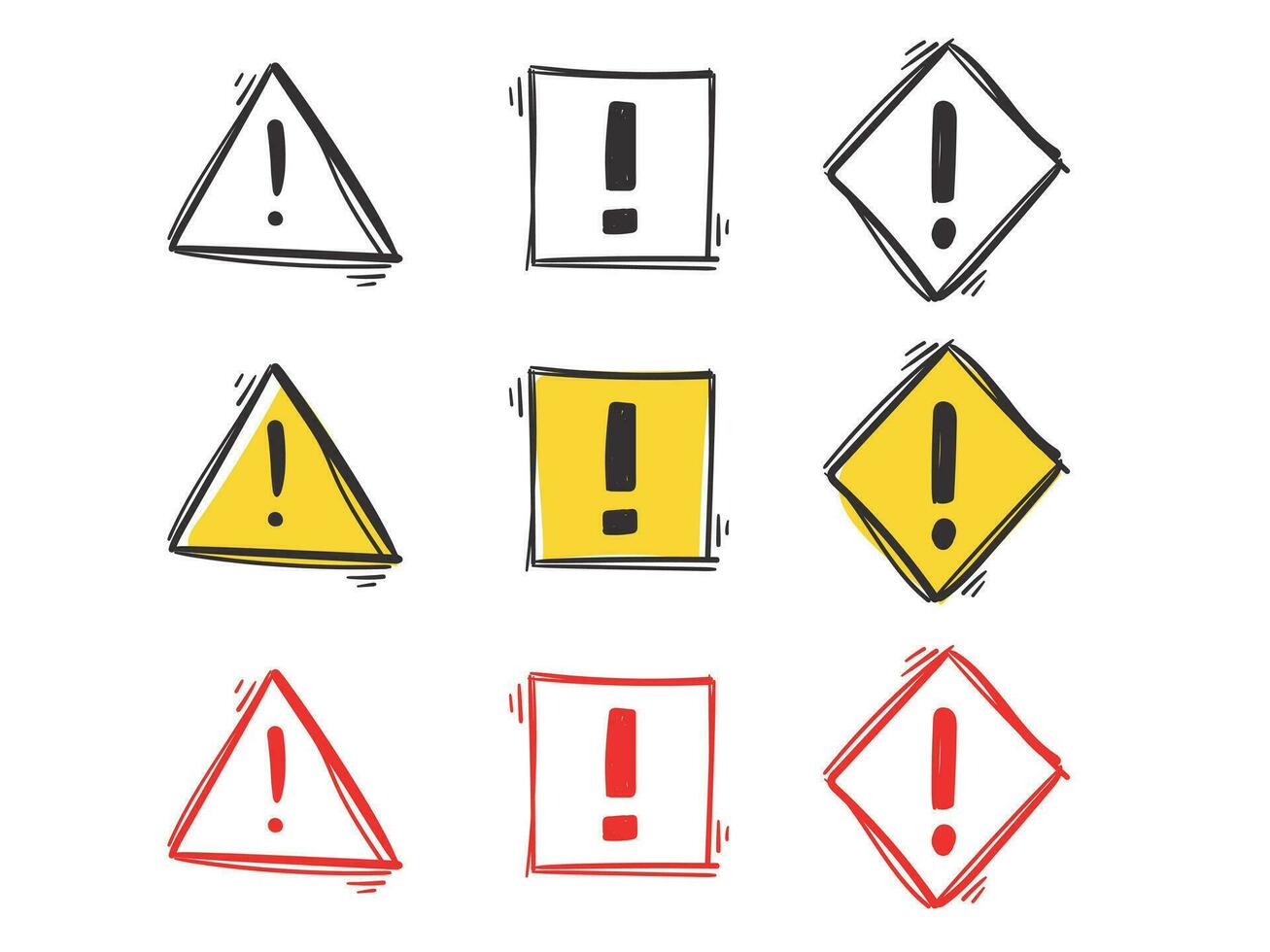 Hand drawn warning sign, exclamation mark, alert sign vector