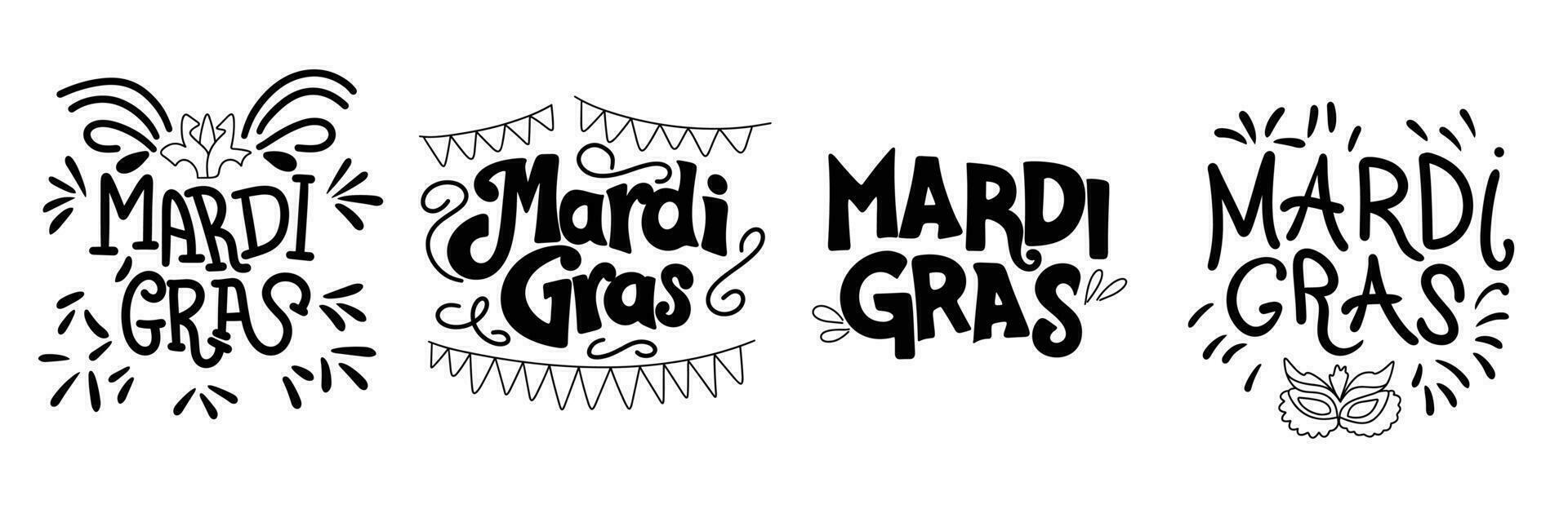 Collection of Mardi Gras inscriptions. Handwriting black text banners sets Mardi Gras concept. Hand drawn vector art.