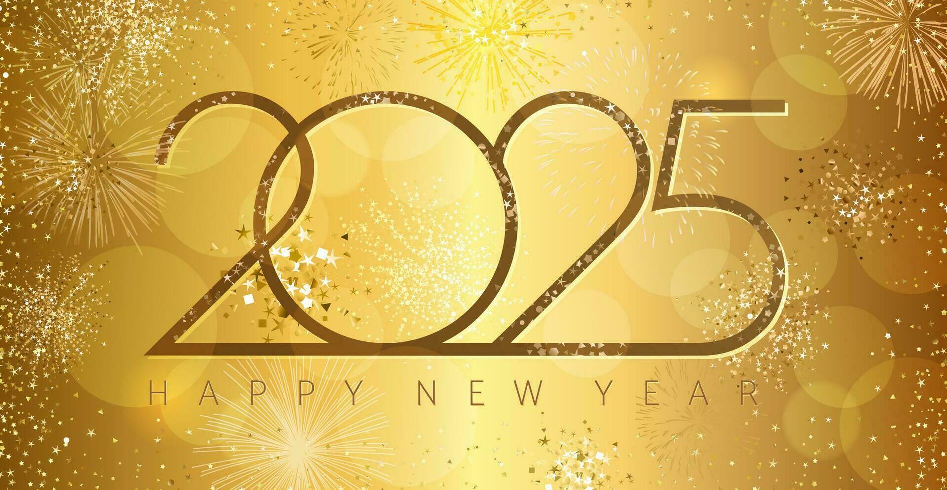 Happy 2025 eve vector illustration. Golden background. Happy New Year congrats with creative number