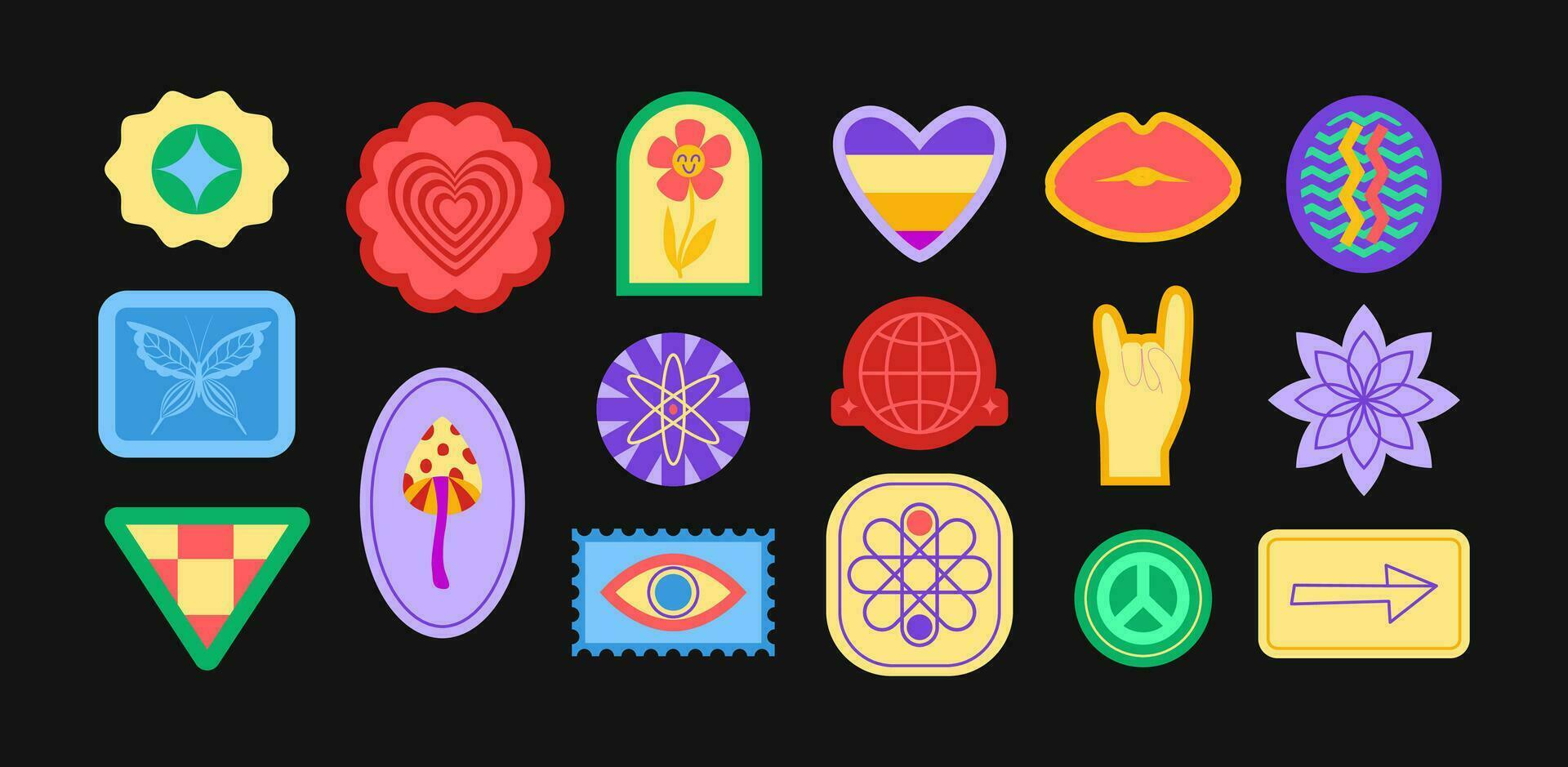 Retro Y2k groovy stickers, labels, patches. 60s, 70s, 80s, 90s. Geometric abstract doodles, shapes, elements, figures. Psychedelic vibes. vector