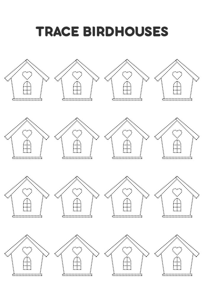 Trace birdhouses. Worksheets for kids. Preschool education. vector