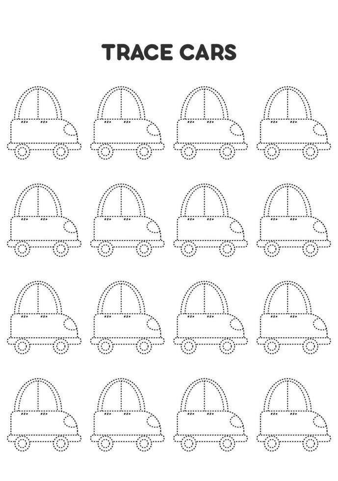 Trace cars. Worksheets for kids. Preschool education. vector