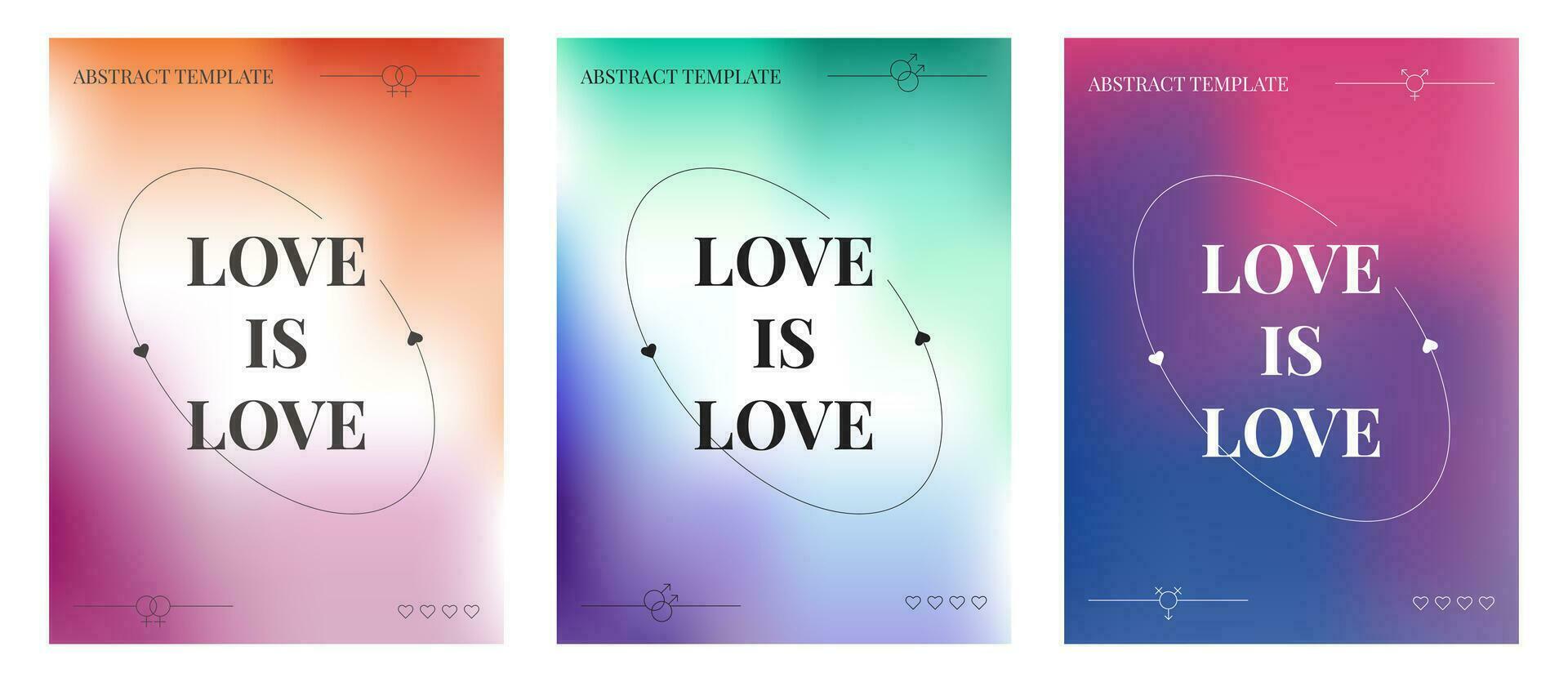 Set of posters with LGBT colours blurred gradient background. Trendy y2k aesthetic, geometric shapes, y2k style. vector