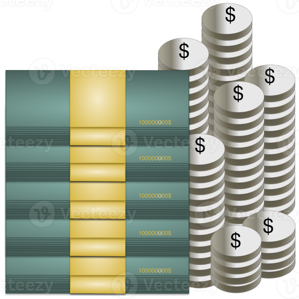 set of dollar bills and coins png