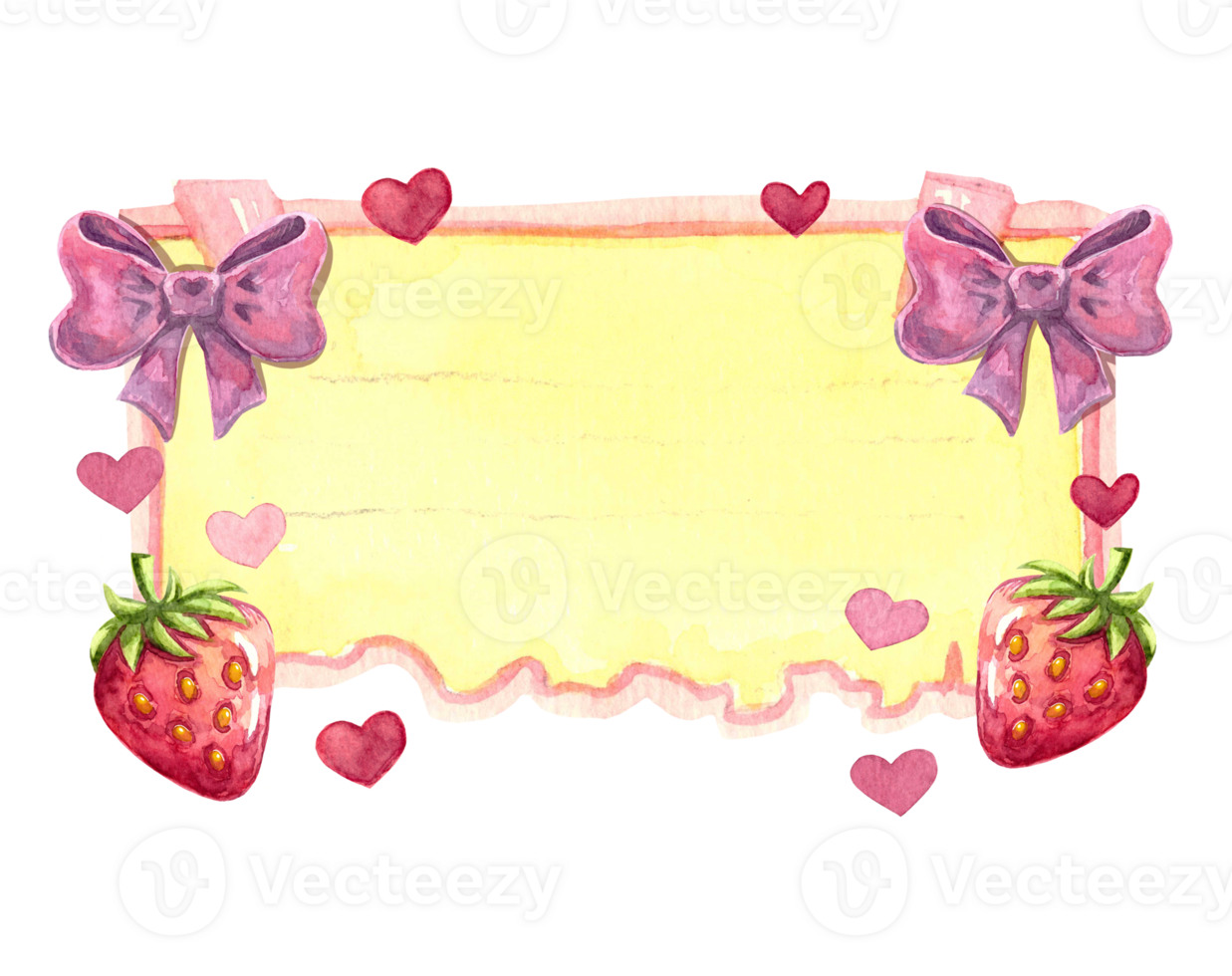 Colorful watercolor note paper with hearts, bow and strawberries. Colorful elements for designs. Isolated on transparent background png