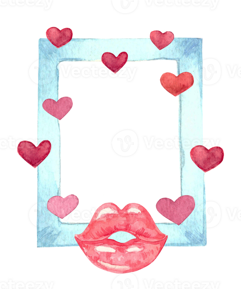 Watercolor frame decorated with red lips and hearts. Hand drawn illustration isolated on transparent background png
