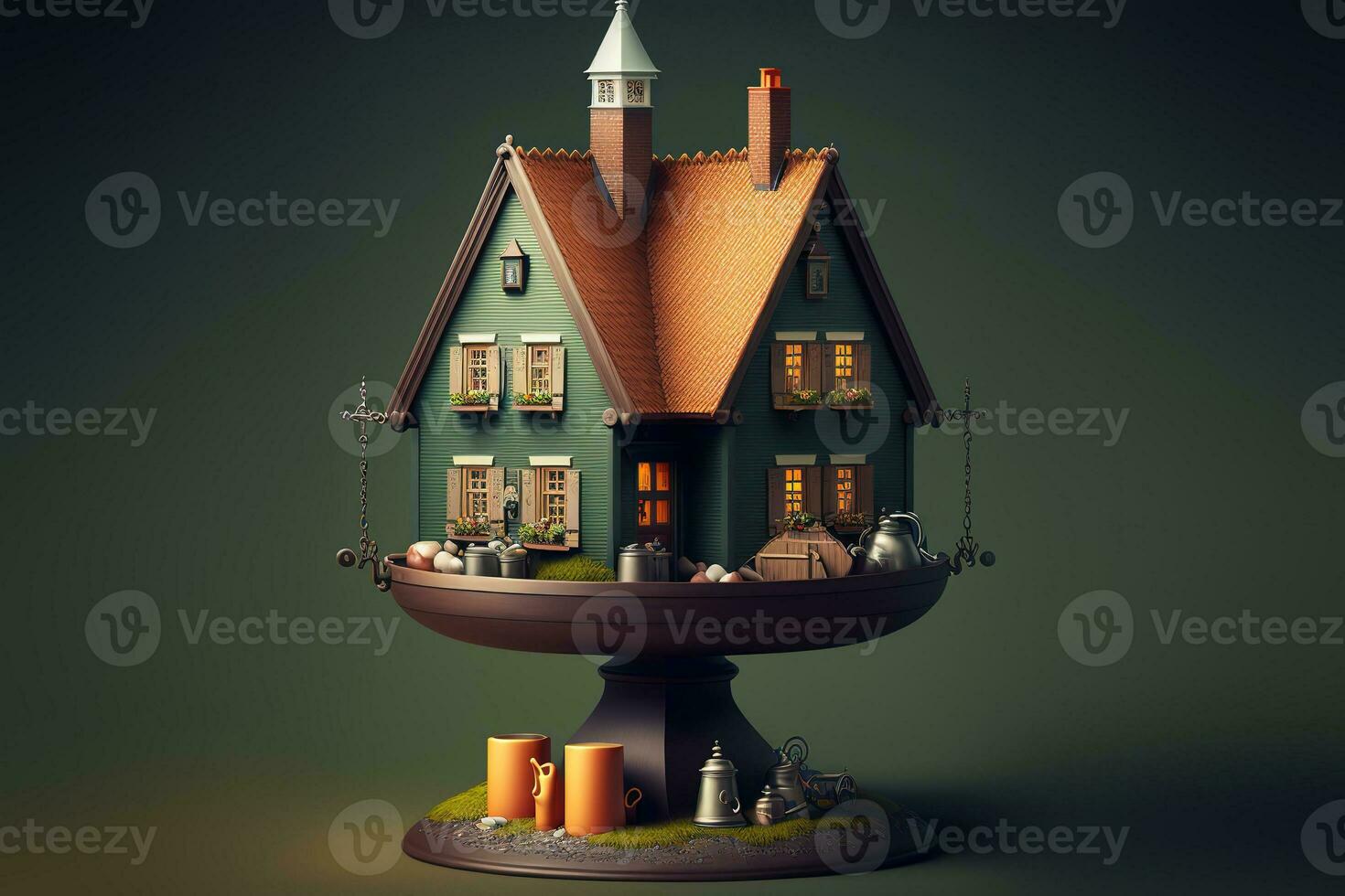 AI generated a small house with a tower and a cat on top photo
