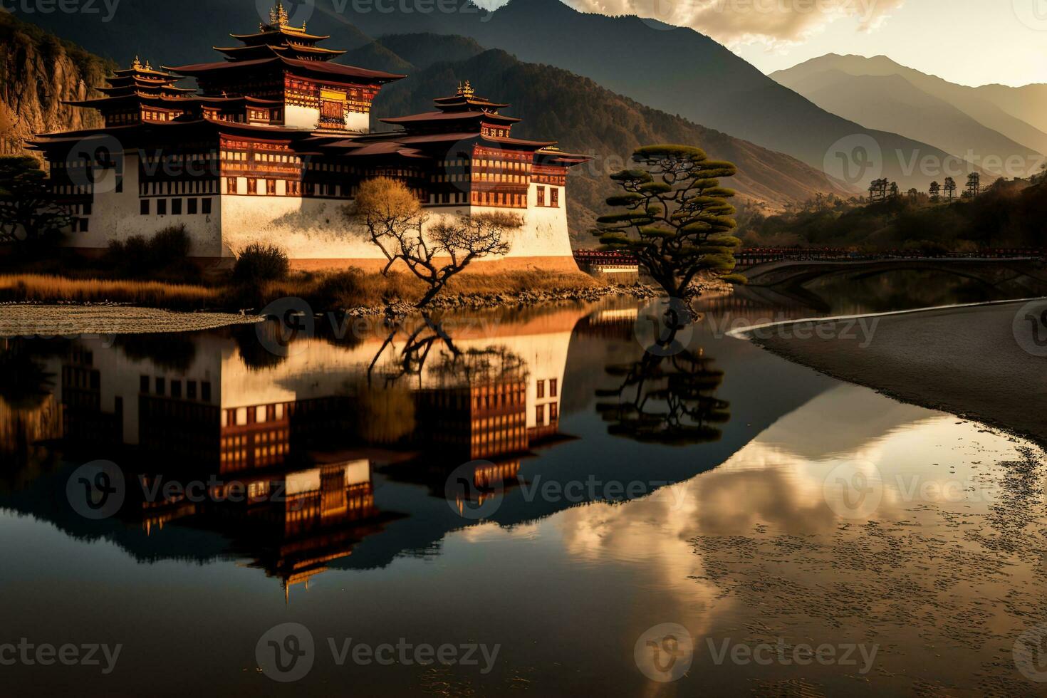 AI generated the bhutan palace is reflected in the water photo