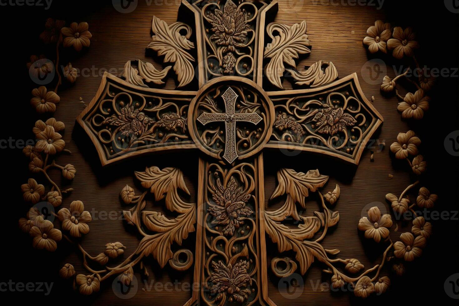 AI generated a wooden cross with ornate designs on it photo
