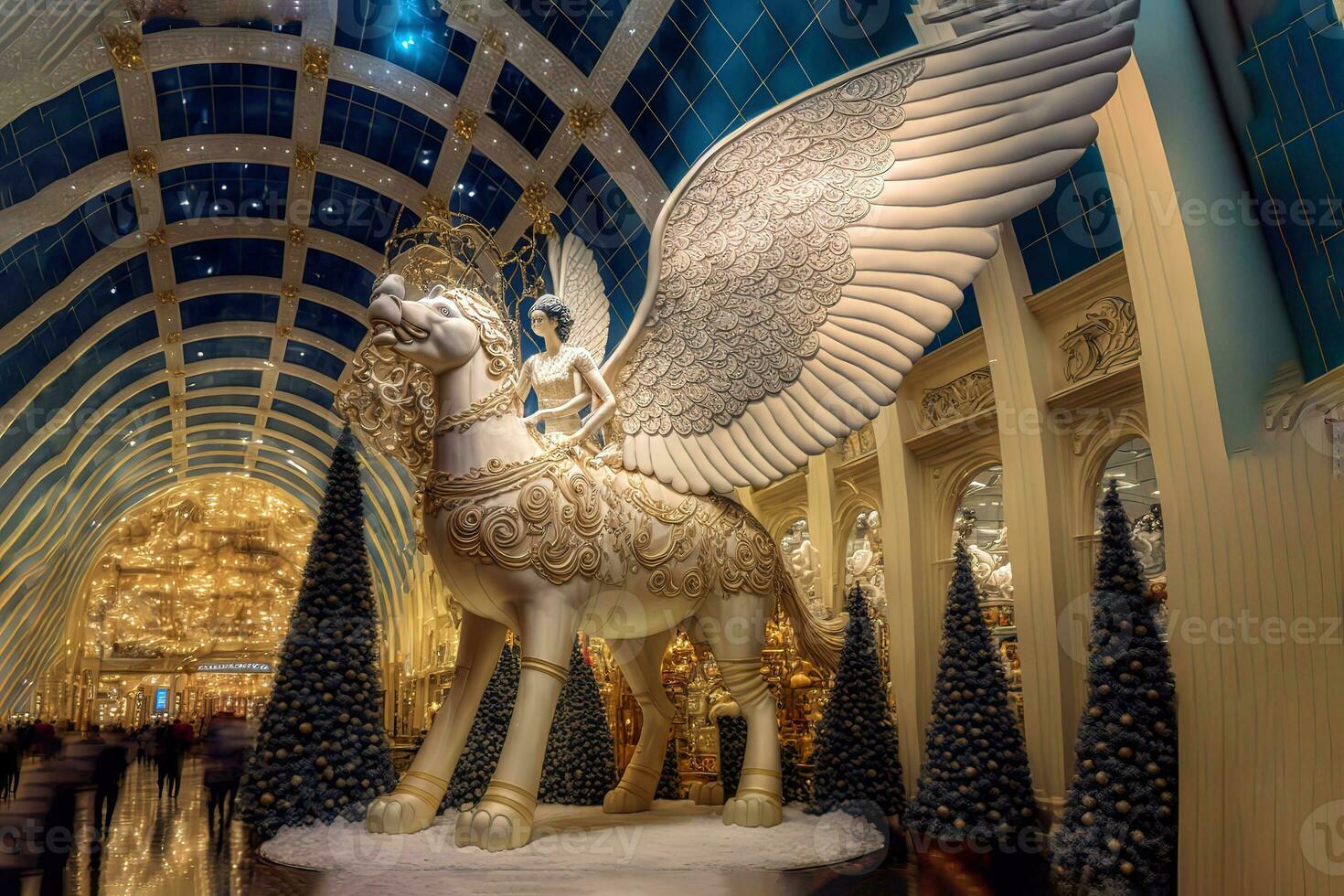 AI generated a statue of a horse with wings in a mall photo