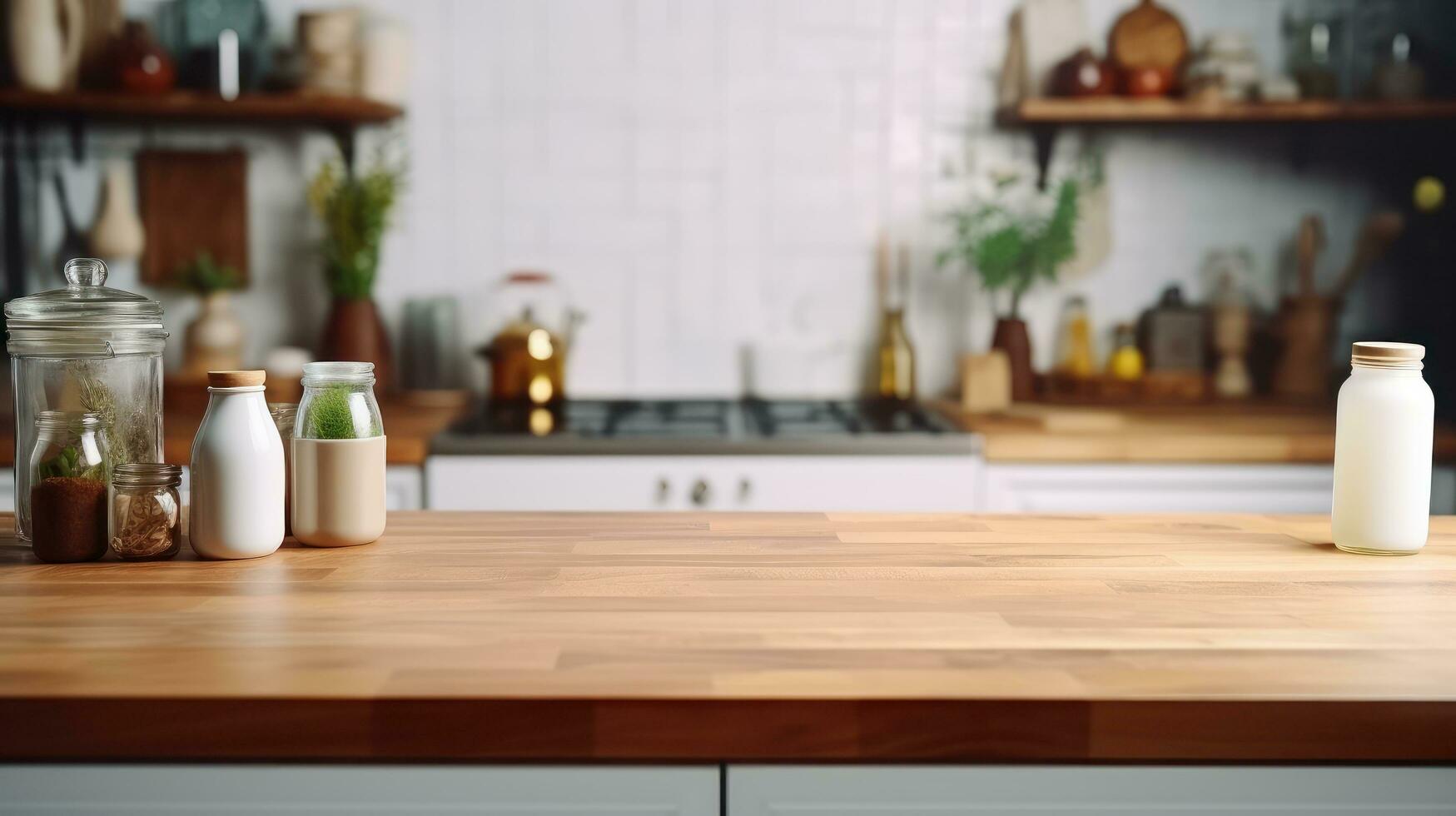 AI generated Empty wooden table in the kitchen for montage product display, showcase, presentation and design photo