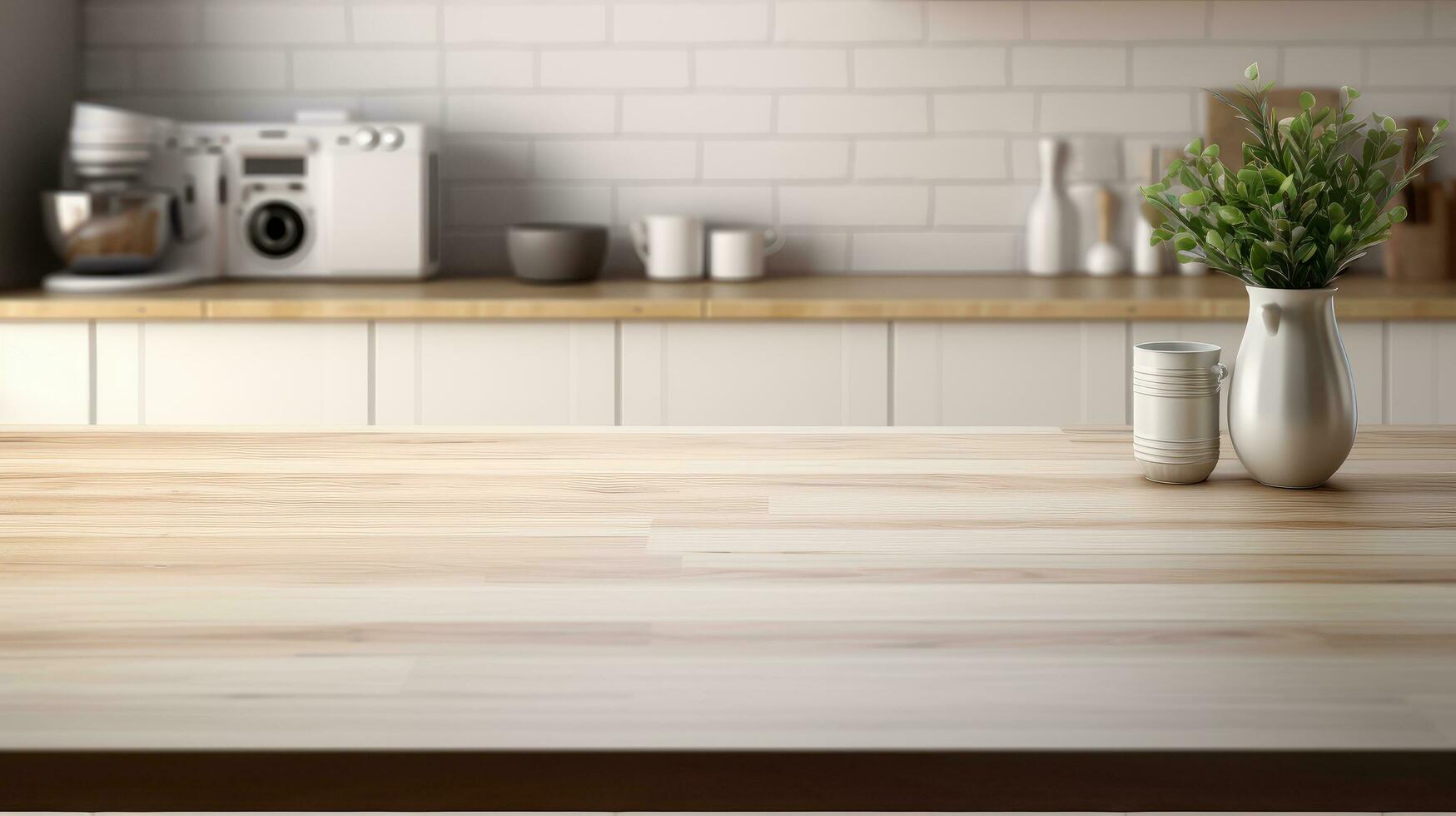 AI generated Empty wooden table in the kitchen for montage product display, showcase, presentation and design photo