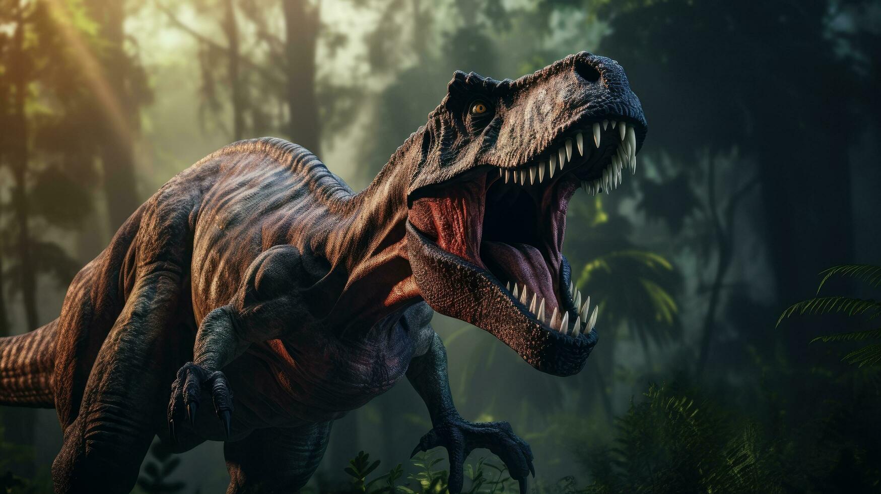 AI generated Tyrannosaurus Rex in the Green Prehistoric Jungle Forest. T-Rex The Hunting Dinosaurs is a Large Carnivorous Dinosaur that Lived in the Late Cretaceous Period photo