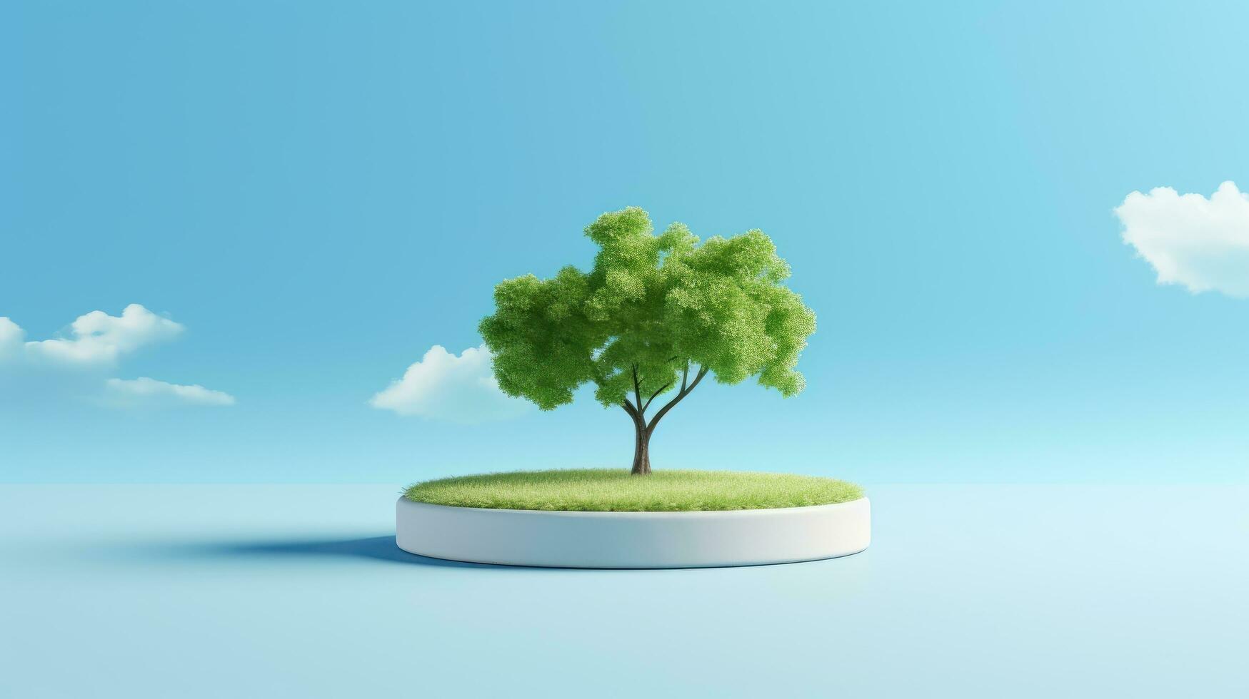 AI generated Tree growth on podium and standing on blue background. advertising design photo