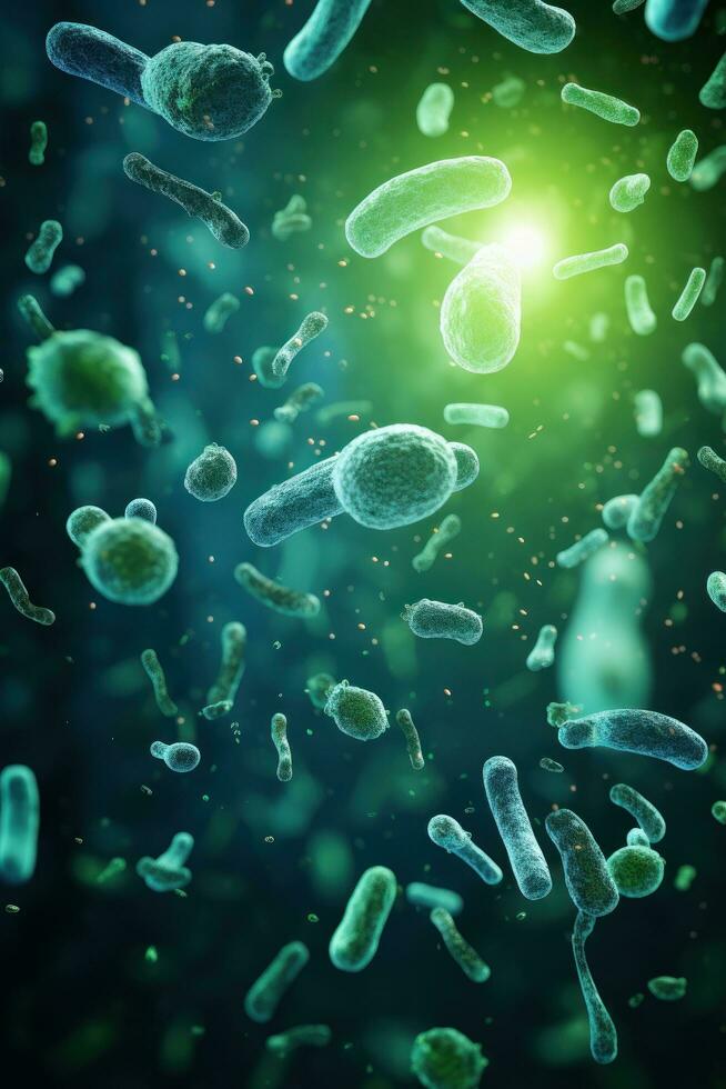 ai generado cerca arriba de microscópico bacterias ilustración. científico, intestino bacterias, bacterias en digestivo sistema foto