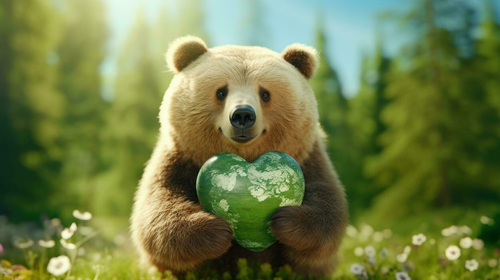 AI generated Bear Hugging Embracing Planet Globe Earth for Nature Protection, Earth Day, World Environment Day, Save th World. Zero Carbon Dioxide Emissions photo
