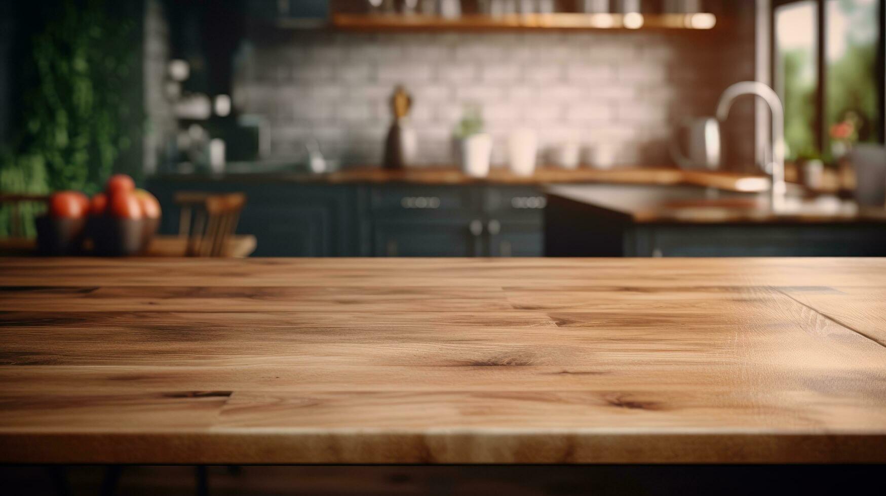 AI generated Empty wooden table in the kitchen for montage product display, showcase, presentation and design photo