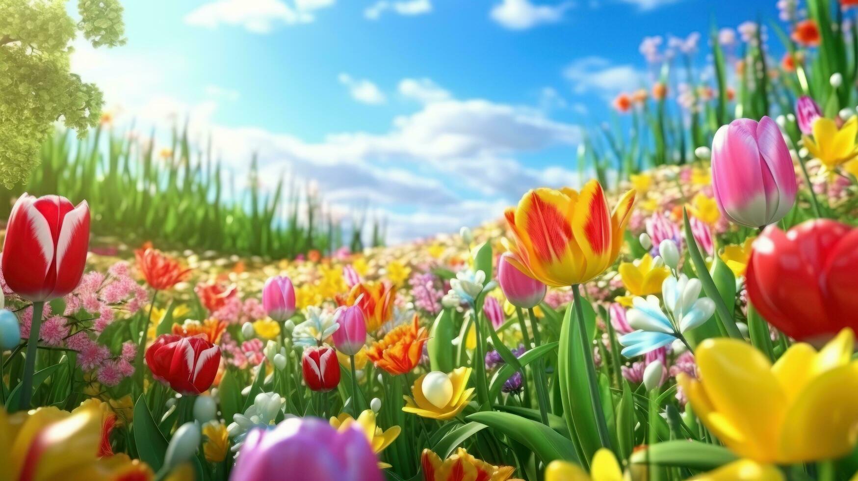 AI generated Beautiful tulip field aesthetic scenery background. Blooming Tulip garnden, Colorful flowers, Spring time photo