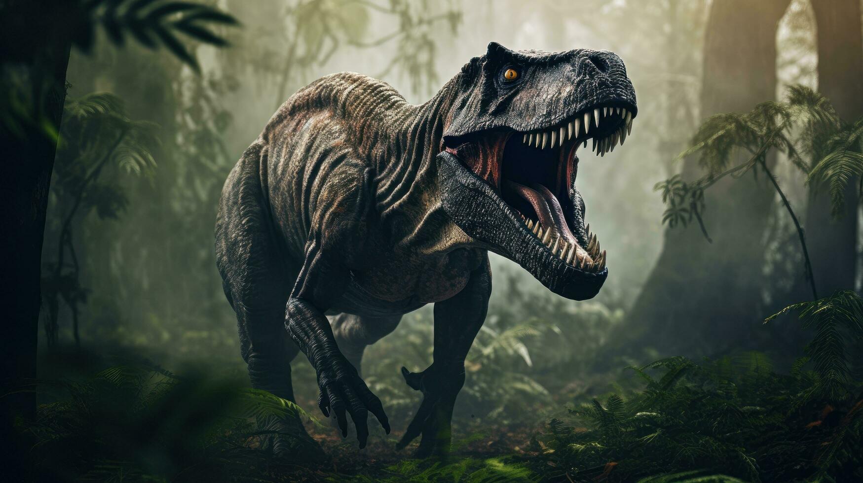 AI generated Tyrannosaurus Rex in the Green Prehistoric Jungle Forest. T-Rex The Hunting Dinosaurs is a Large Carnivorous Dinosaur that Lived in the Late Cretaceous Period photo